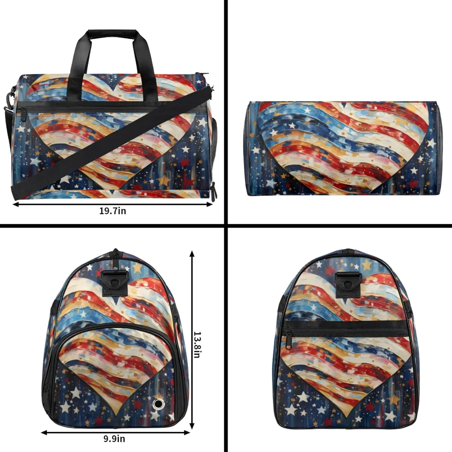 American Flag 43L Gym Duffle Bag for men with Shoe Compartment, Love Overnight Weekender Bag for Women with Shoulder Strap, Ideal for Travel, Gym, Sports