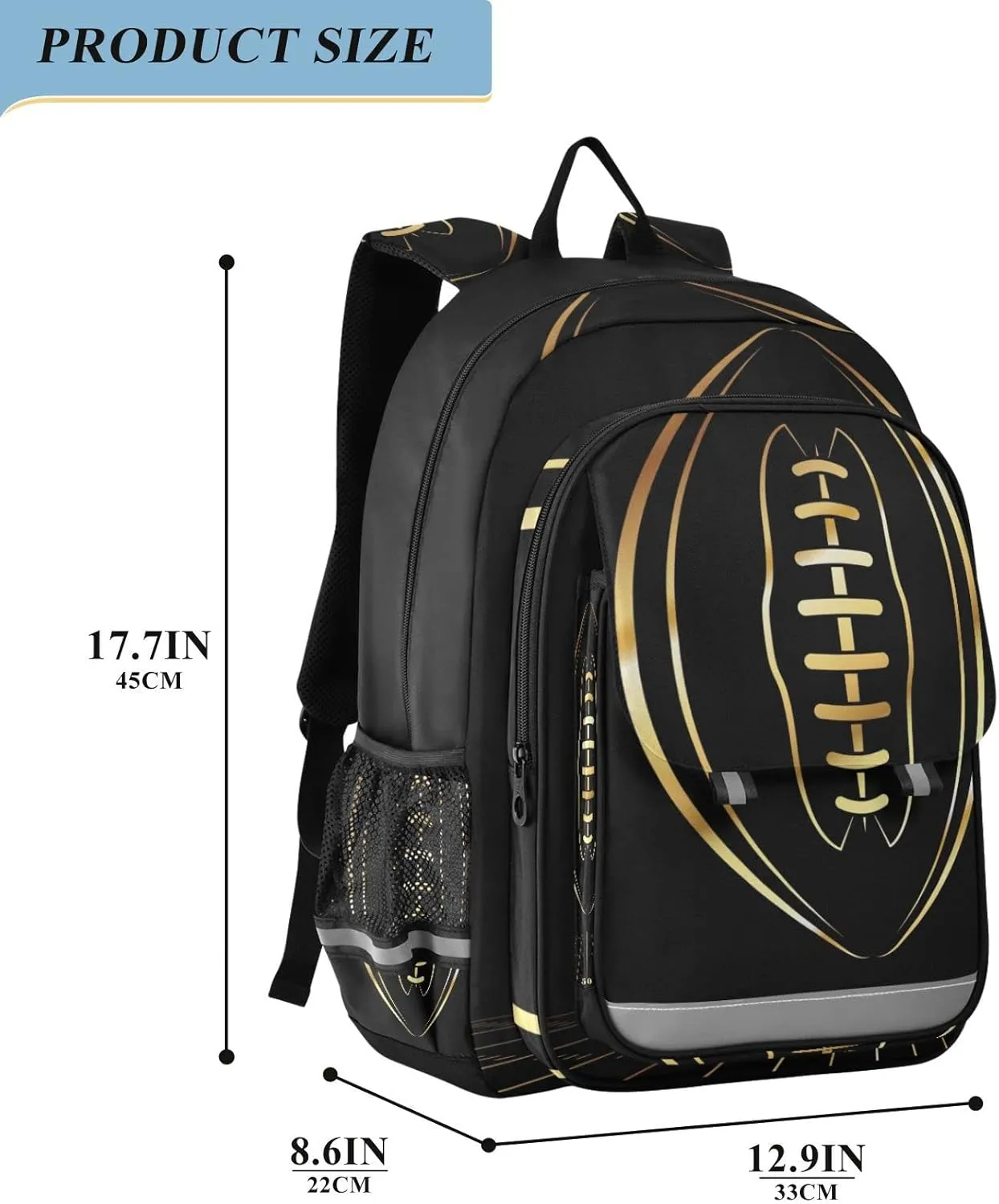 American Football Gold School Backpack Lightweight Laptop Backpack Student Travel Daypack with Reflective Stripes