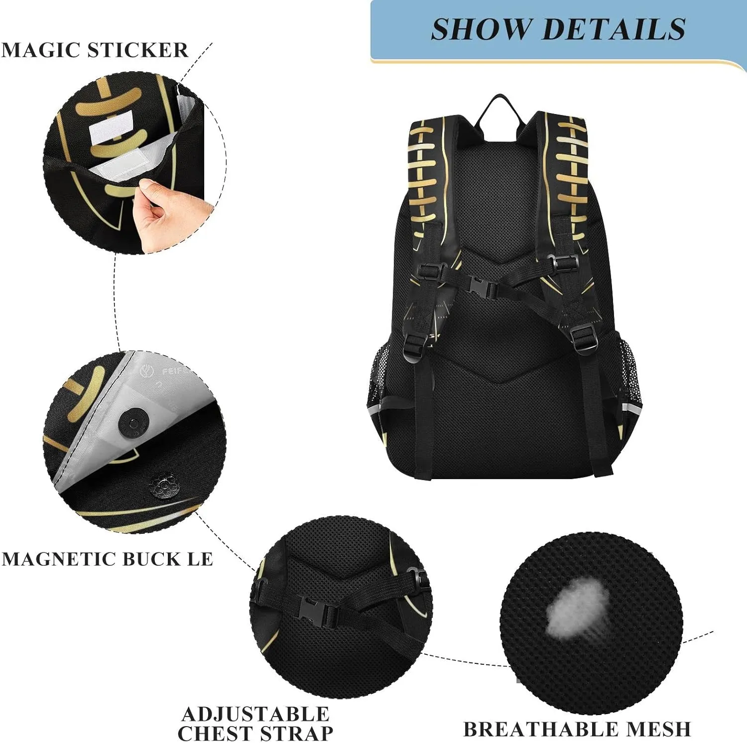 American Football Gold School Backpack Lightweight Laptop Backpack Student Travel Daypack with Reflective Stripes