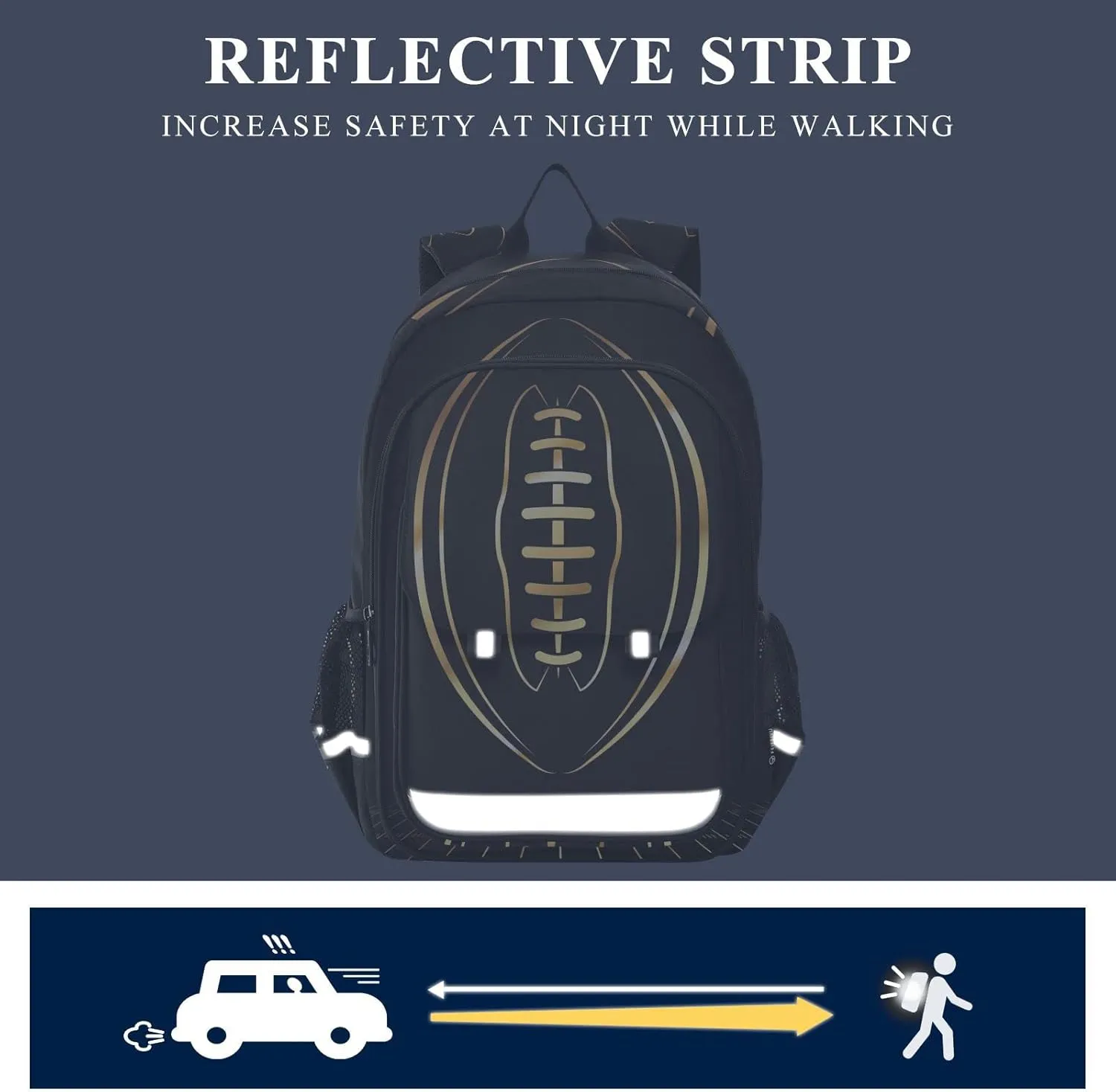 American Football Gold School Backpack Lightweight Laptop Backpack Student Travel Daypack with Reflective Stripes