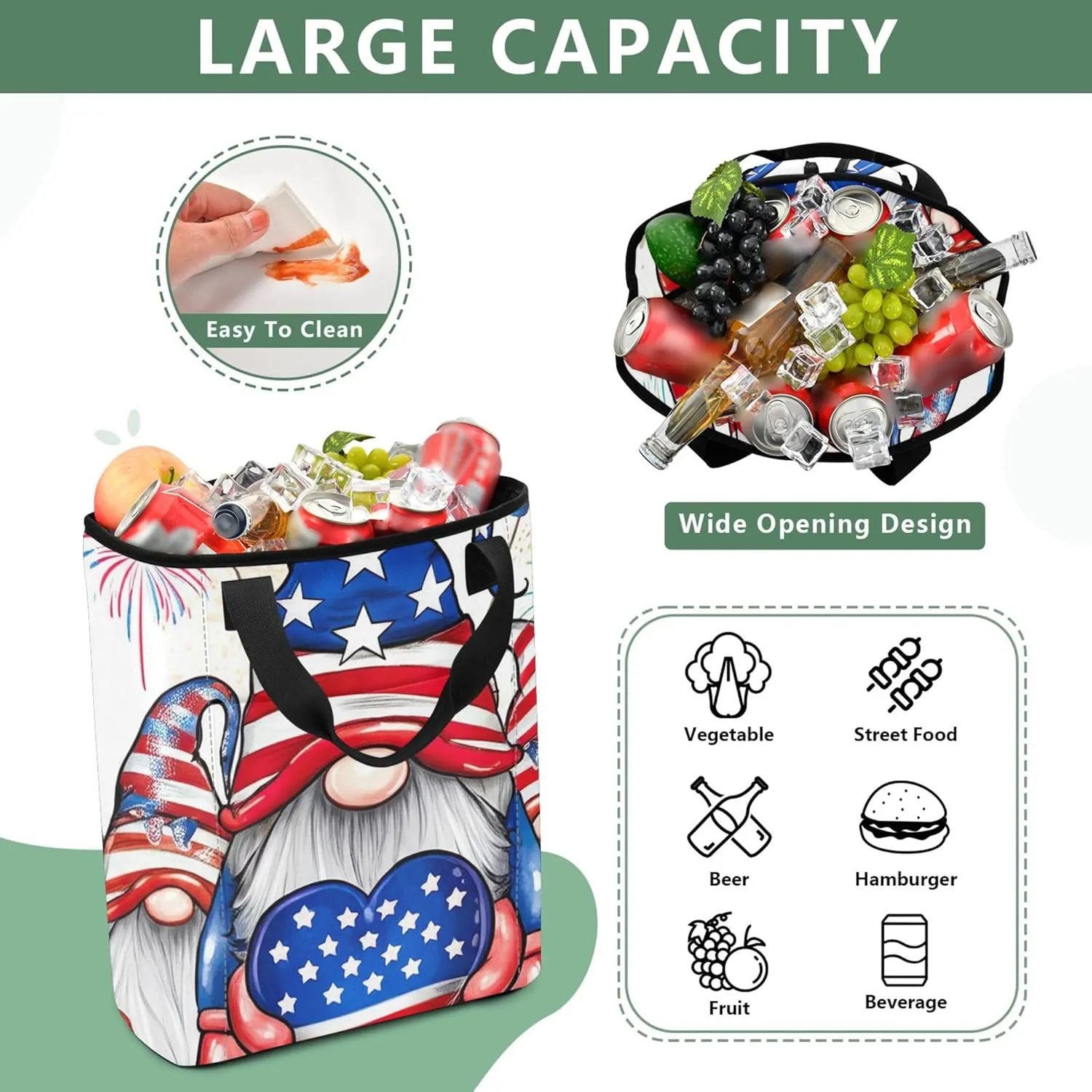 American Gnomes Flag Soft Cooler Bag 36 Cans Insulated Woman Lunch Bag 13.8''x5.9''x16.5