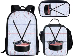 American Ice Hockey Elementary School Backpack And Lunch Box Set For Kids Boys Girls 17 Inch Student Bookbag Pencil Pouch