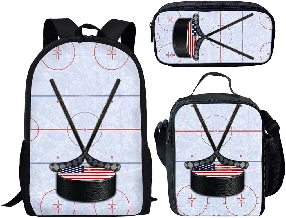 American Ice Hockey Elementary School Backpack And Lunch Box Set For Kids Boys Girls 17 Inch Student Bookbag Pencil Pouch