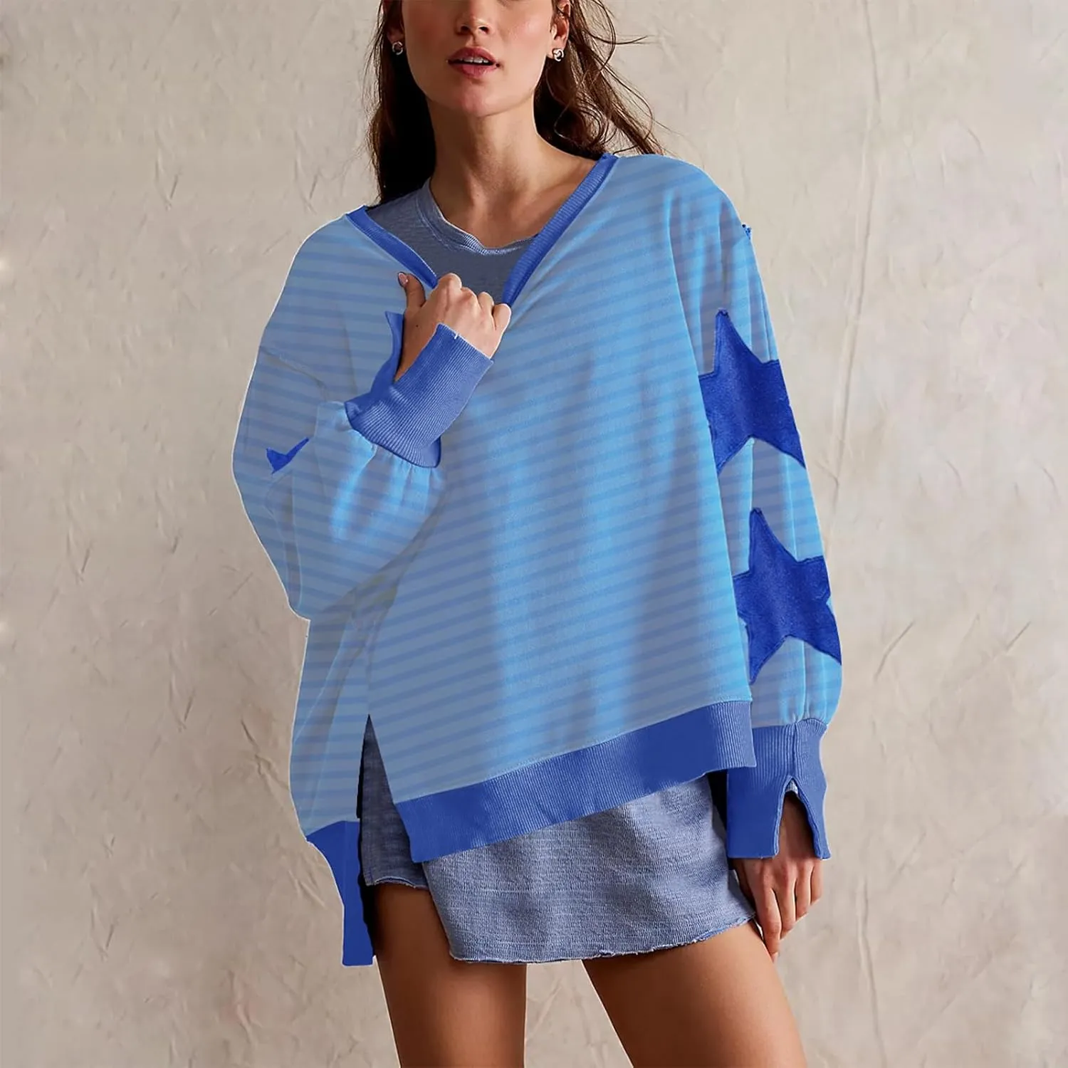 Amiblvowa Y2K Oversized Sweatshirt for Women Cute Star Graphic Long Sleeve Crewneck Sweatshirt Aesthetic Pullover Jackets