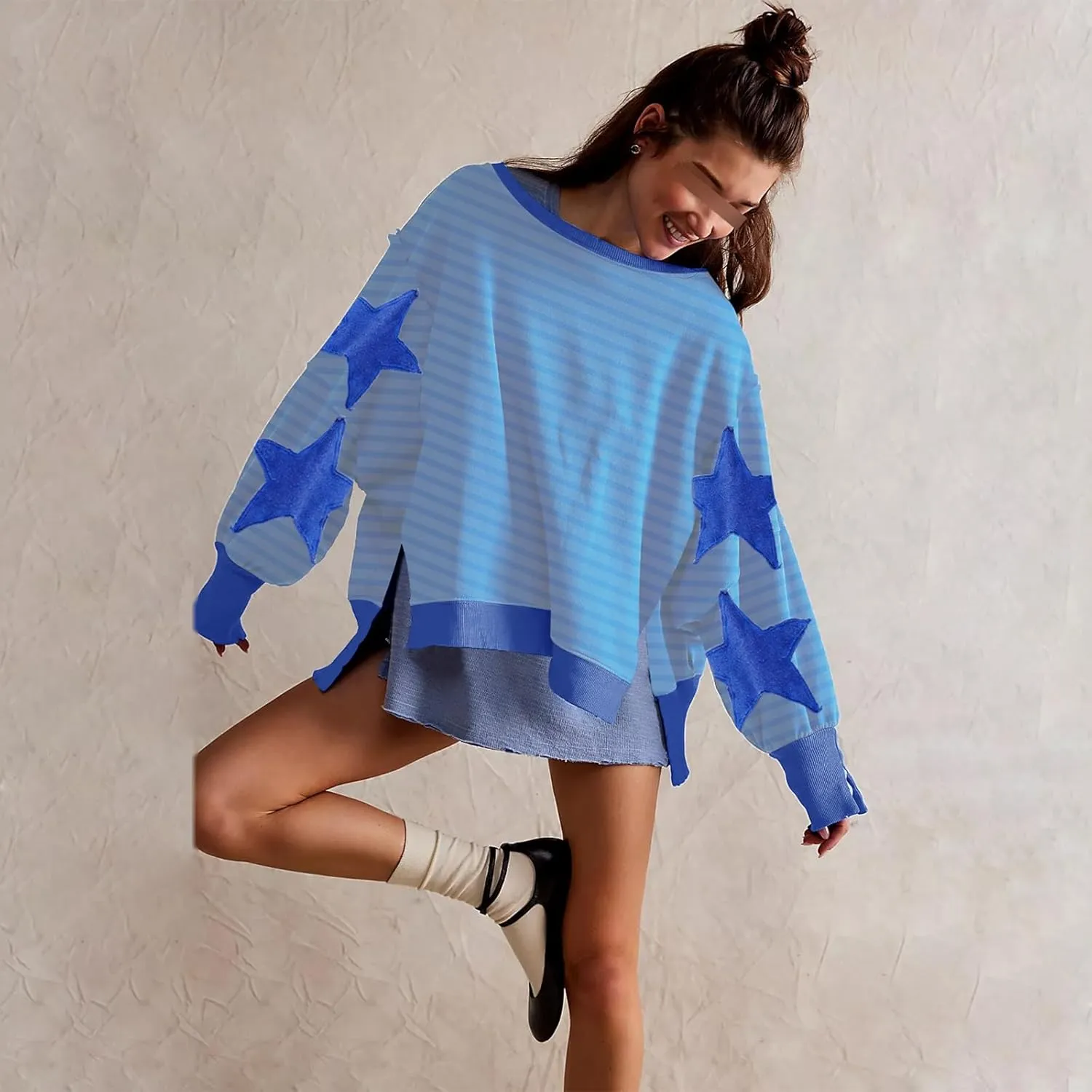 Amiblvowa Y2K Oversized Sweatshirt for Women Cute Star Graphic Long Sleeve Crewneck Sweatshirt Aesthetic Pullover Jackets