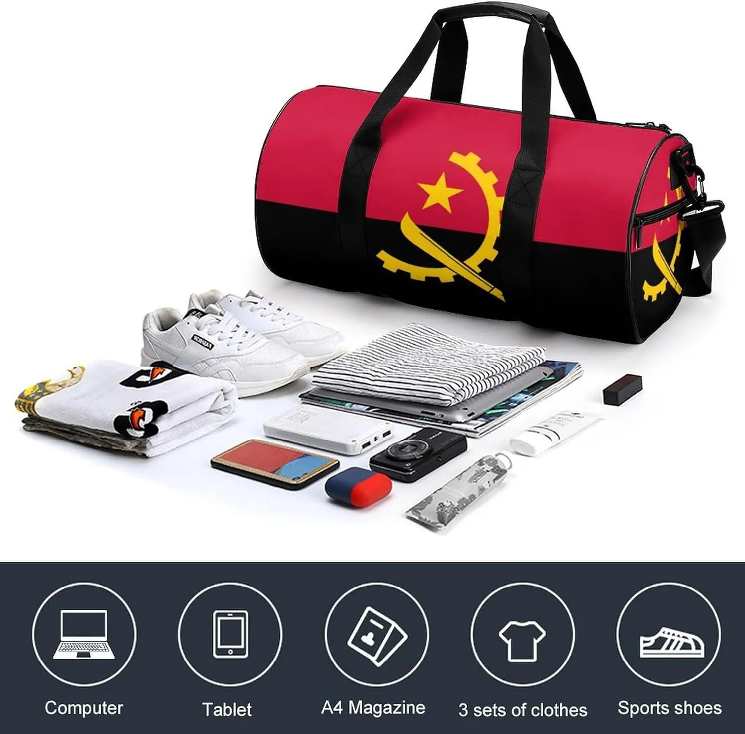 Angola Flag Large Capacity Gym Duffel Bag for Men Women Dry Wet Separation Travel Overnight