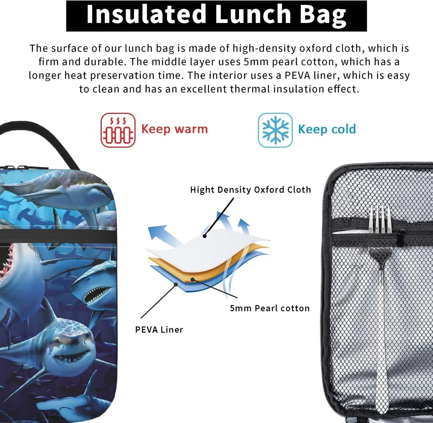 Angry Sharks Reusable Lunch Box Insulation Lunch Bag Containers Tote Handbag Ice Packs For Women Men Teens Girls