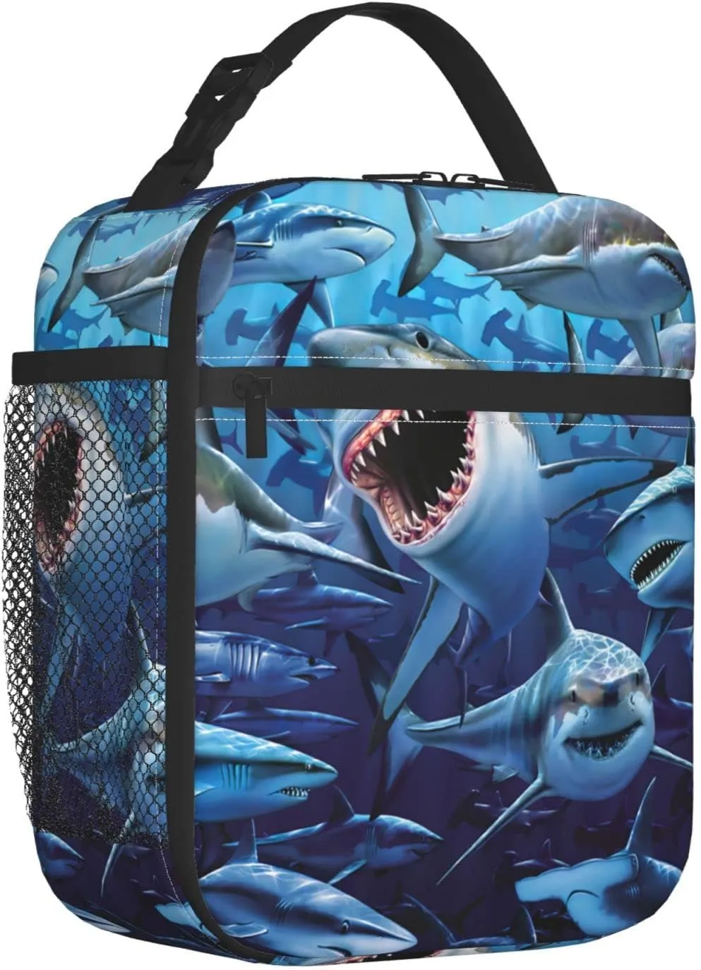 Angry Sharks Reusable Lunch Box Insulation Lunch Bag Containers Tote Handbag Ice Packs For Women Men Teens Girls