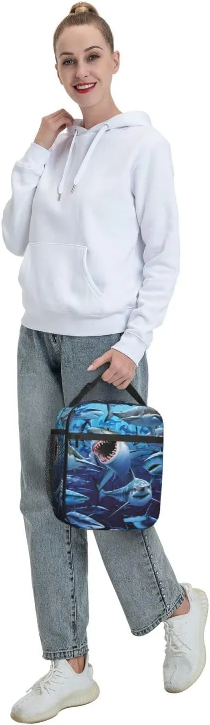 Angry Sharks Reusable Lunch Box Insulation Lunch Bag Containers Tote Handbag Ice Packs For Women Men Teens Girls
