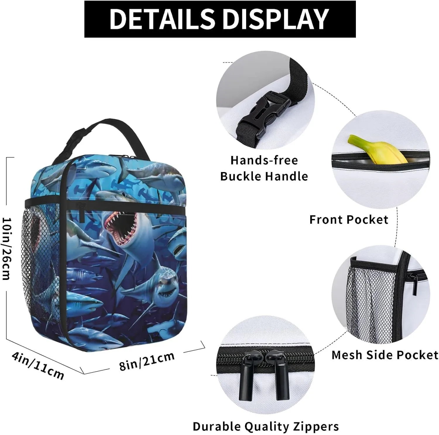 Angry Sharks Reusable Lunch Box Insulation Lunch Bag Containers Tote Handbag Ice Packs For Women Men Teens Girls