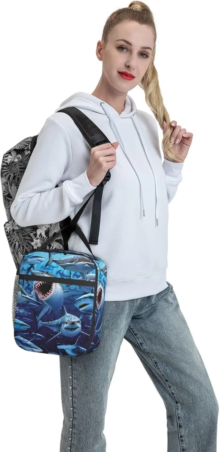 Angry Sharks Reusable Lunch Box Insulation Lunch Bag Containers Tote Handbag Ice Packs For Women Men Teens Girls