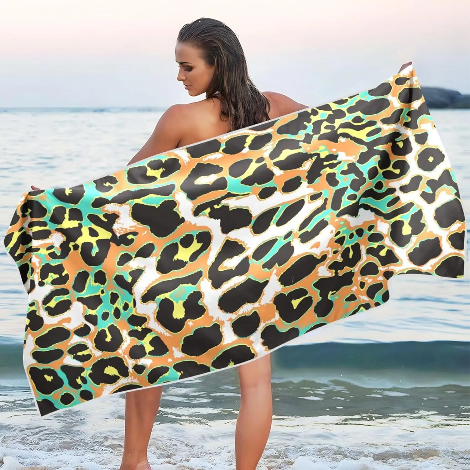Animal Skin Leopard Cheetah Beach Towels Oversized 71x31in Extra Large Pool Towel with Mesh Storage Bag,Lightweight Sand Free Quick Dry Beach Towel Travel Towel for Swim Bath Yoga Camping Gym