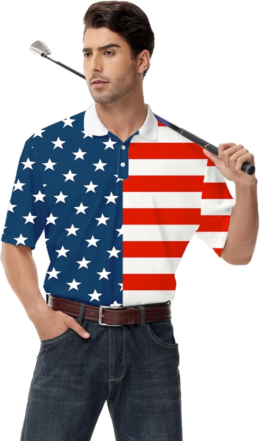 AOBUTE Mens Patriotic Polo July 4th Golf Shirts American Flag Activewear Tops