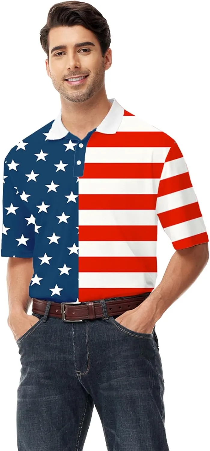 AOBUTE Mens Patriotic Polo July 4th Golf Shirts American Flag Activewear Tops