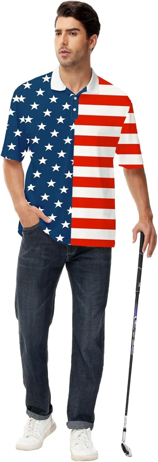 AOBUTE Mens Patriotic Polo July 4th Golf Shirts American Flag Activewear Tops