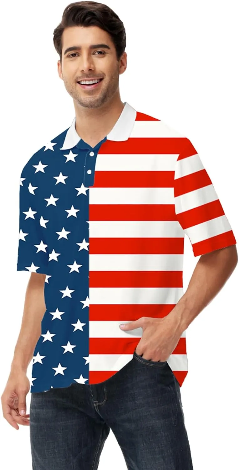AOBUTE Mens Patriotic Polo July 4th Golf Shirts American Flag Activewear Tops