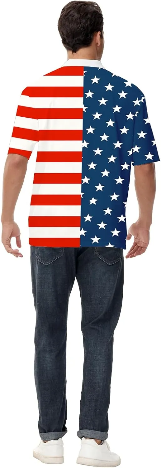 AOBUTE Mens Patriotic Polo July 4th Golf Shirts American Flag Activewear Tops