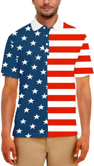 AOBUTE Mens Patriotic Polo July 4th Golf Shirts American Flag Activewear Tops