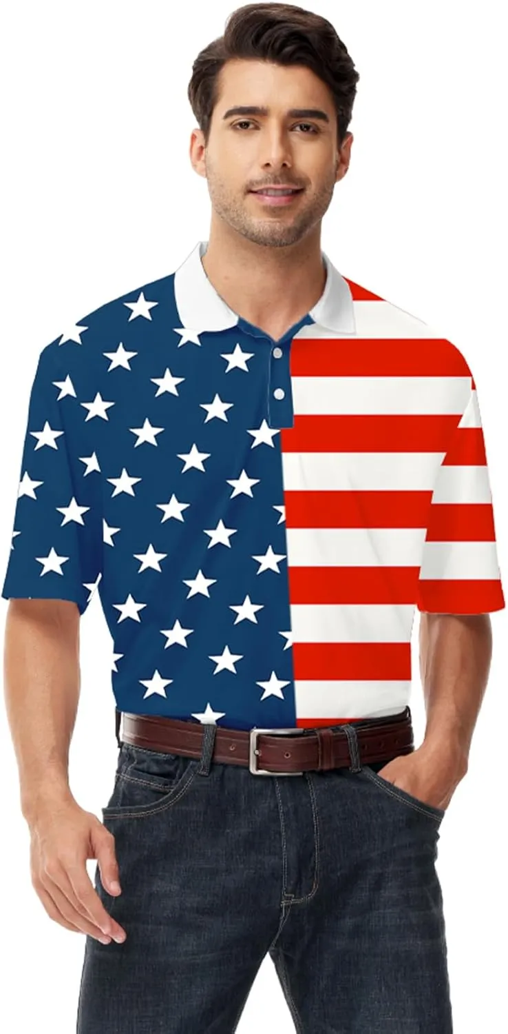 AOBUTE Mens Patriotic Polo July 4th Golf Shirts American Flag Activewear Tops