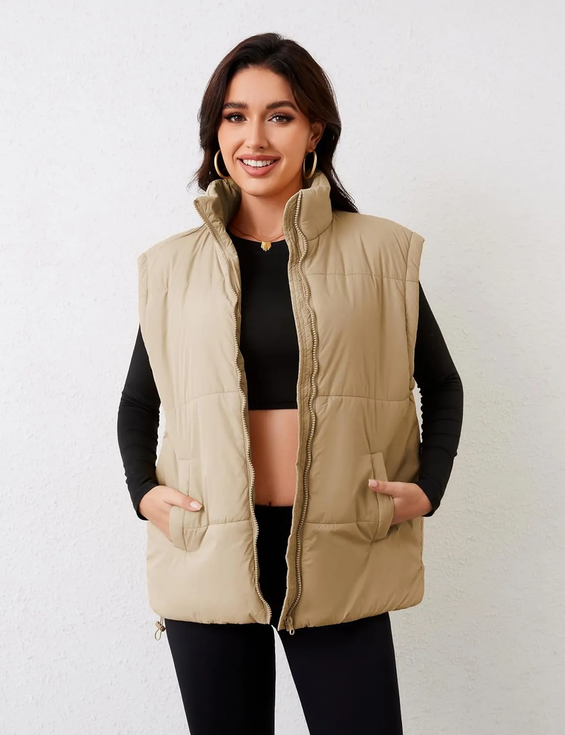APAFES Women Winter Oversized Puffer Vest Lightweight Stand Collar Flysleeve Insulated Padded Puffy Jackets Coat with Pockets