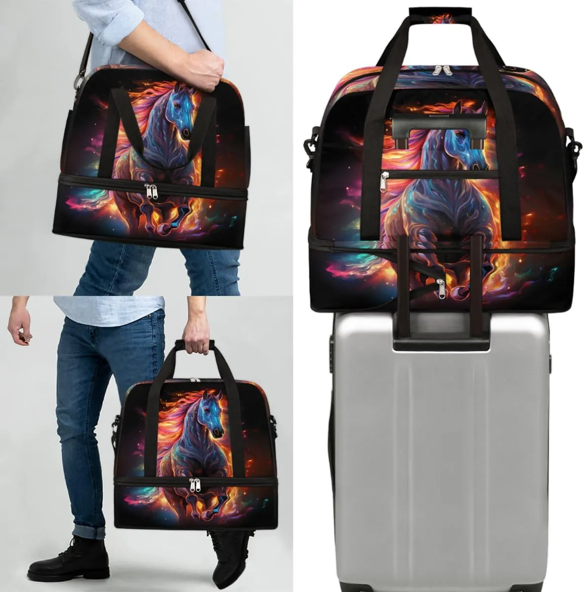 Art Horse Print Foldable Travel Duffel Bag Overnight Weekender Bag with Shoes Compartment Sports Gym Bag for Men Women