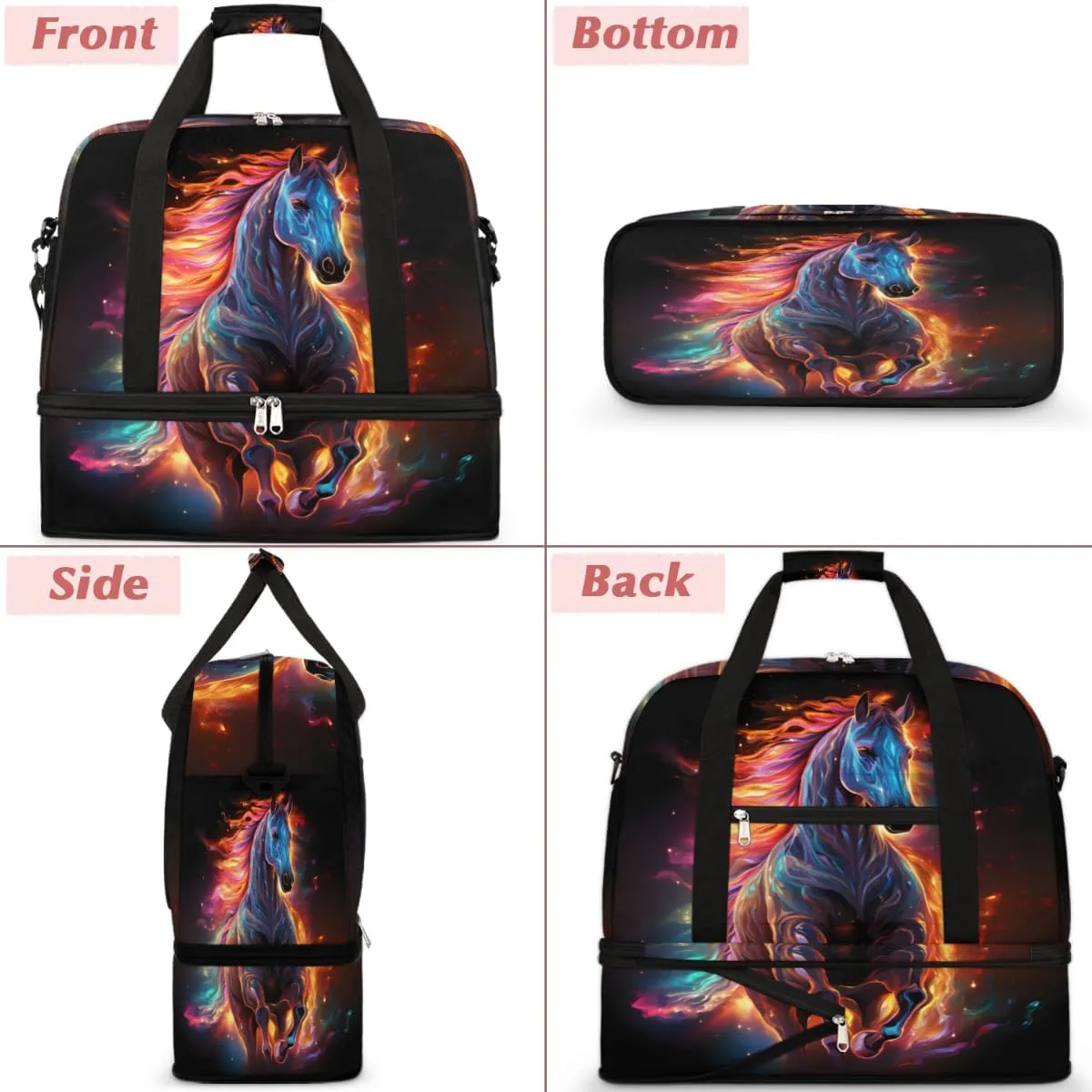 Art Horse Print Foldable Travel Duffel Bag Overnight Weekender Bag with Shoes Compartment Sports Gym Bag for Men Women