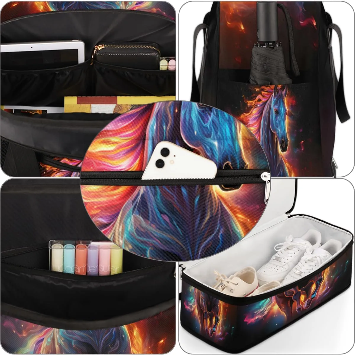 Art Horse Print Foldable Travel Duffel Bag Overnight Weekender Bag with Shoes Compartment Sports Gym Bag for Men Women