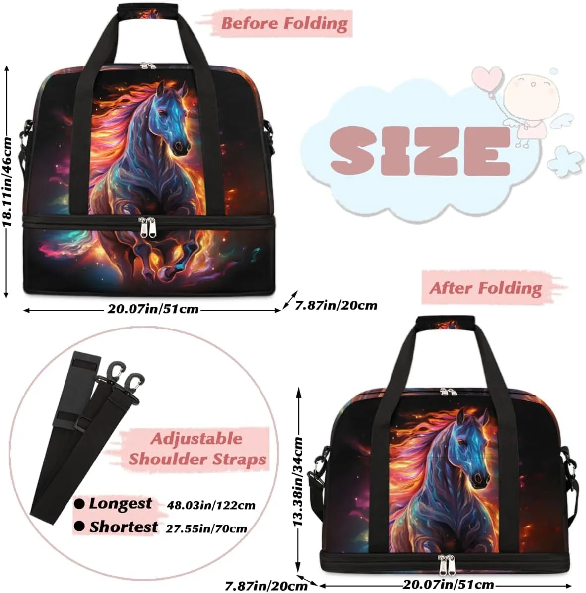 Art Horse Print Foldable Travel Duffel Bag Overnight Weekender Bag with Shoes Compartment Sports Gym Bag for Men Women