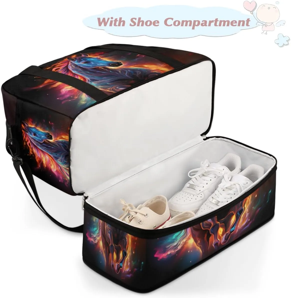 Art Horse Print Foldable Travel Duffel Bag Overnight Weekender Bag with Shoes Compartment Sports Gym Bag for Men Women