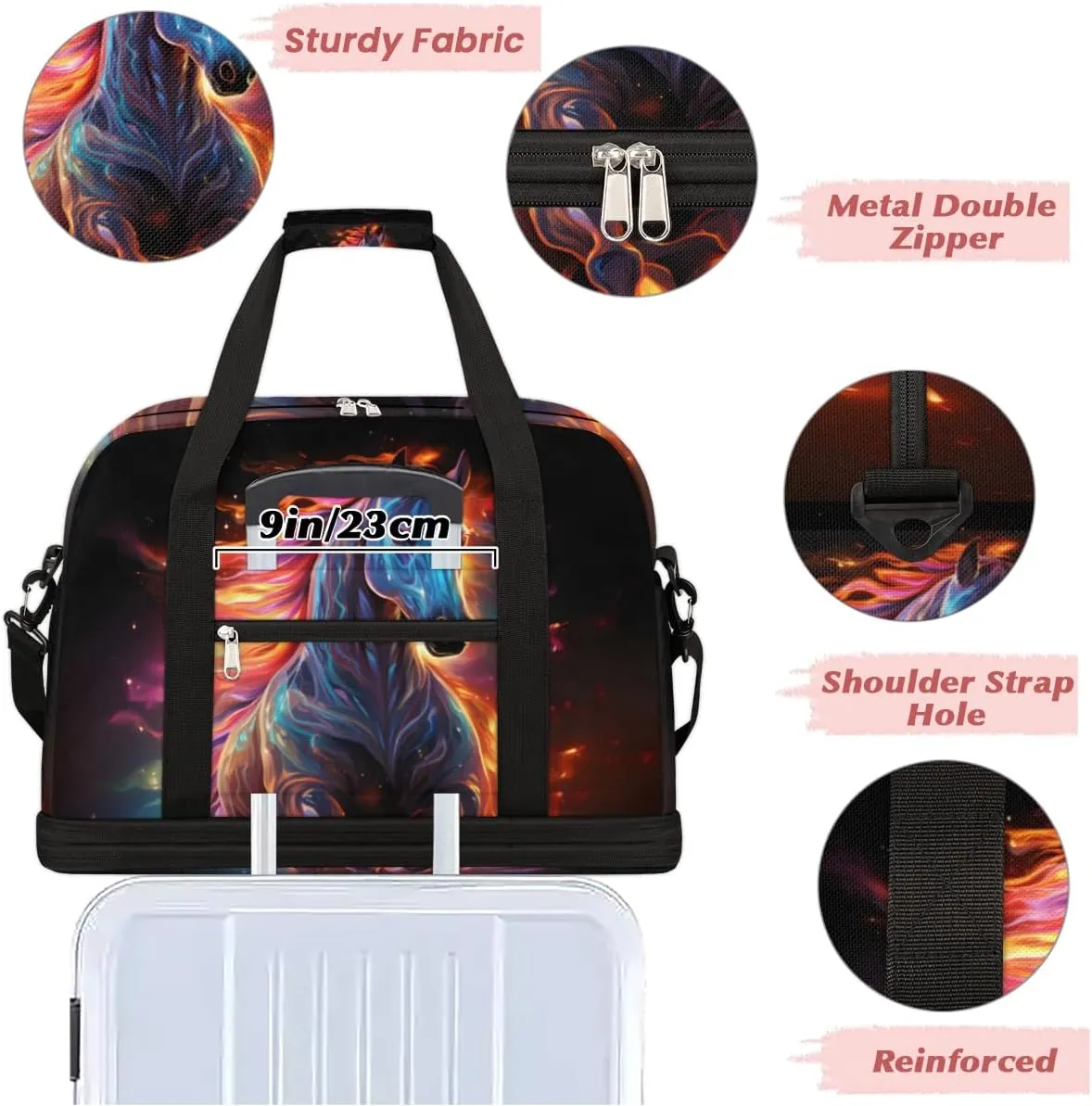 Art Horse Print Foldable Travel Duffel Bag Overnight Weekender Bag with Shoes Compartment Sports Gym Bag for Men Women