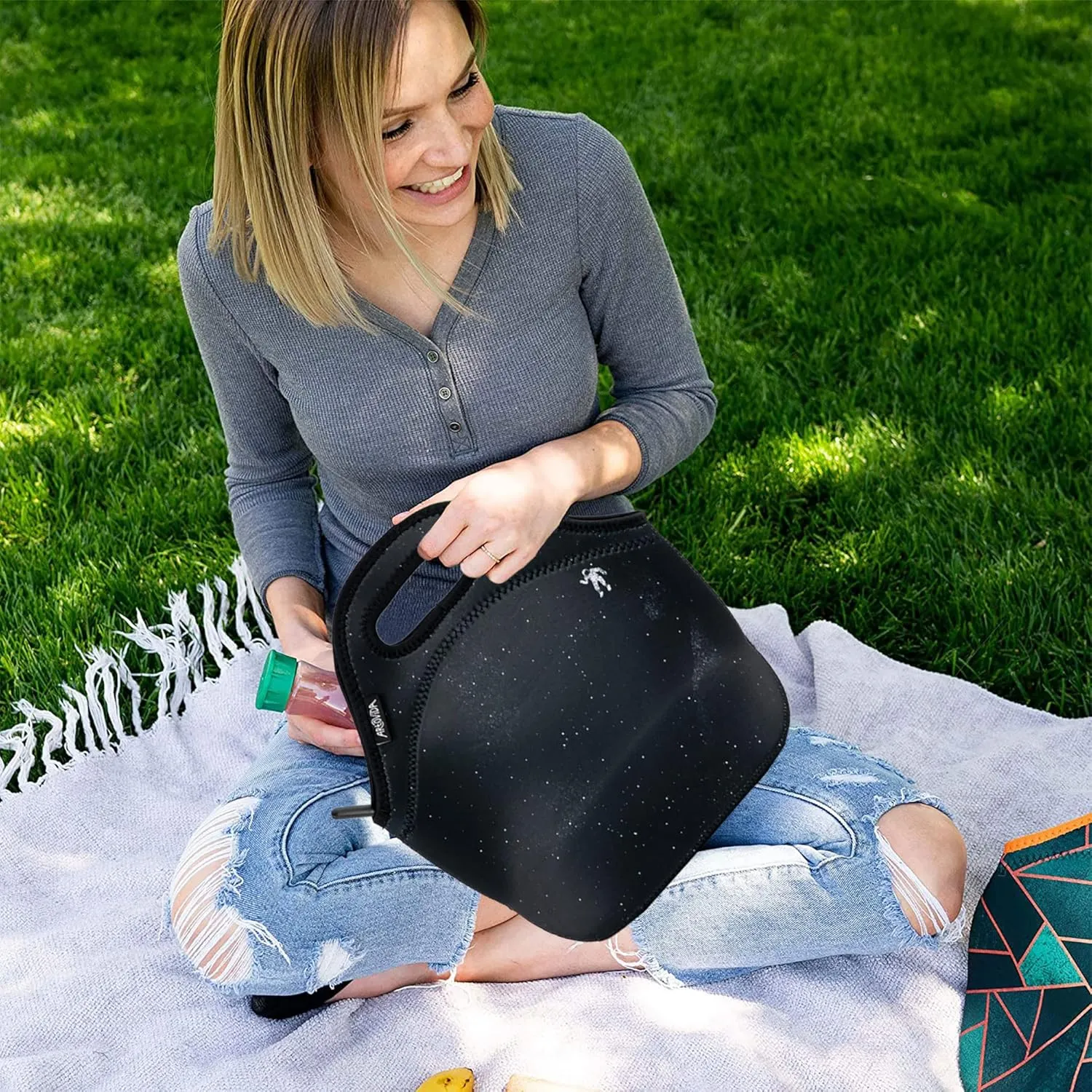 Artists Collective Insulated Neoprene Lunch Bag - Washable Soft Lunch Tote for Work and Picnic - Design by Tobe Fonseca (Brazil) Gravity - Classic