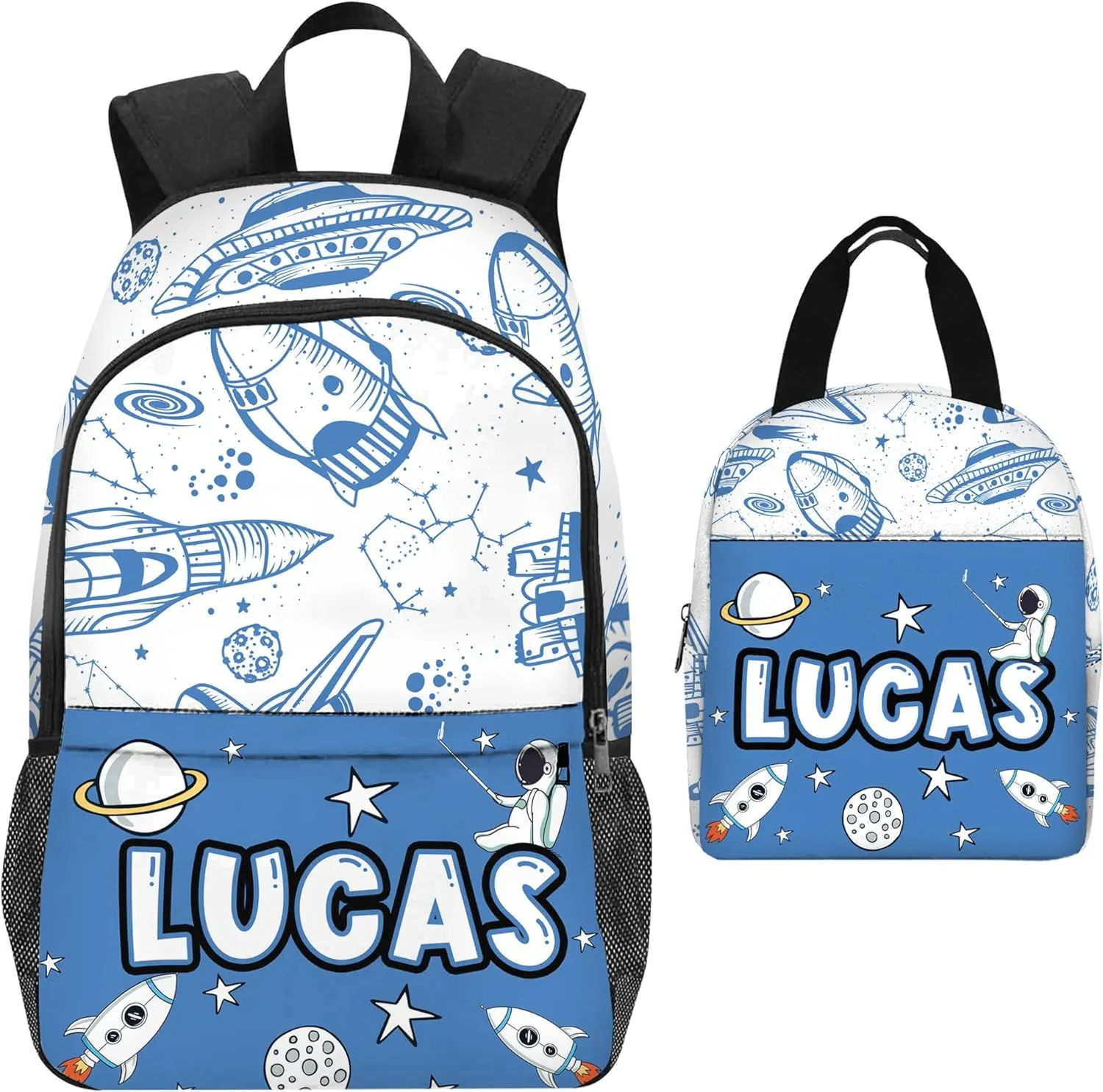 Artsadd Custom Kids Backpack for Boys Personalized School Backpack with Kid's Lunch Box Back to School Supplies for Kids Space BackPack for Primary School Students Children Travel Bookbag for School