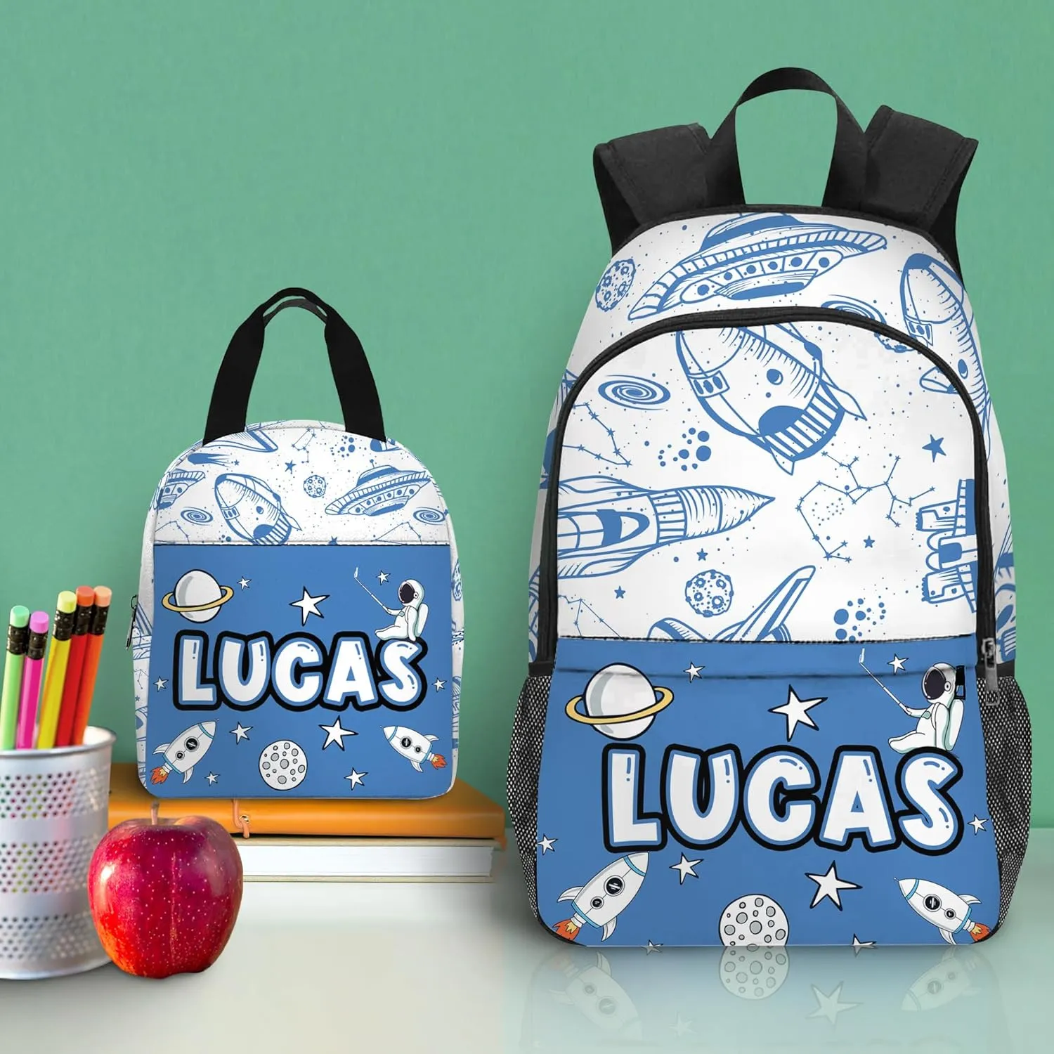 Artsadd Custom Kids Backpack for Boys Personalized School Backpack with Kid's Lunch Box Back to School Supplies for Kids Space BackPack for Primary School Students Children Travel Bookbag for School