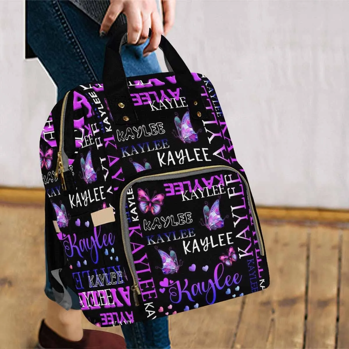 Artsadd Custom Name Diaper Bag Mommy Nappy Bags, Personalized Gradient Purple Love Handbags Large Capacity Multi-Function Nursing Bags for Outdoor Shopping Travel