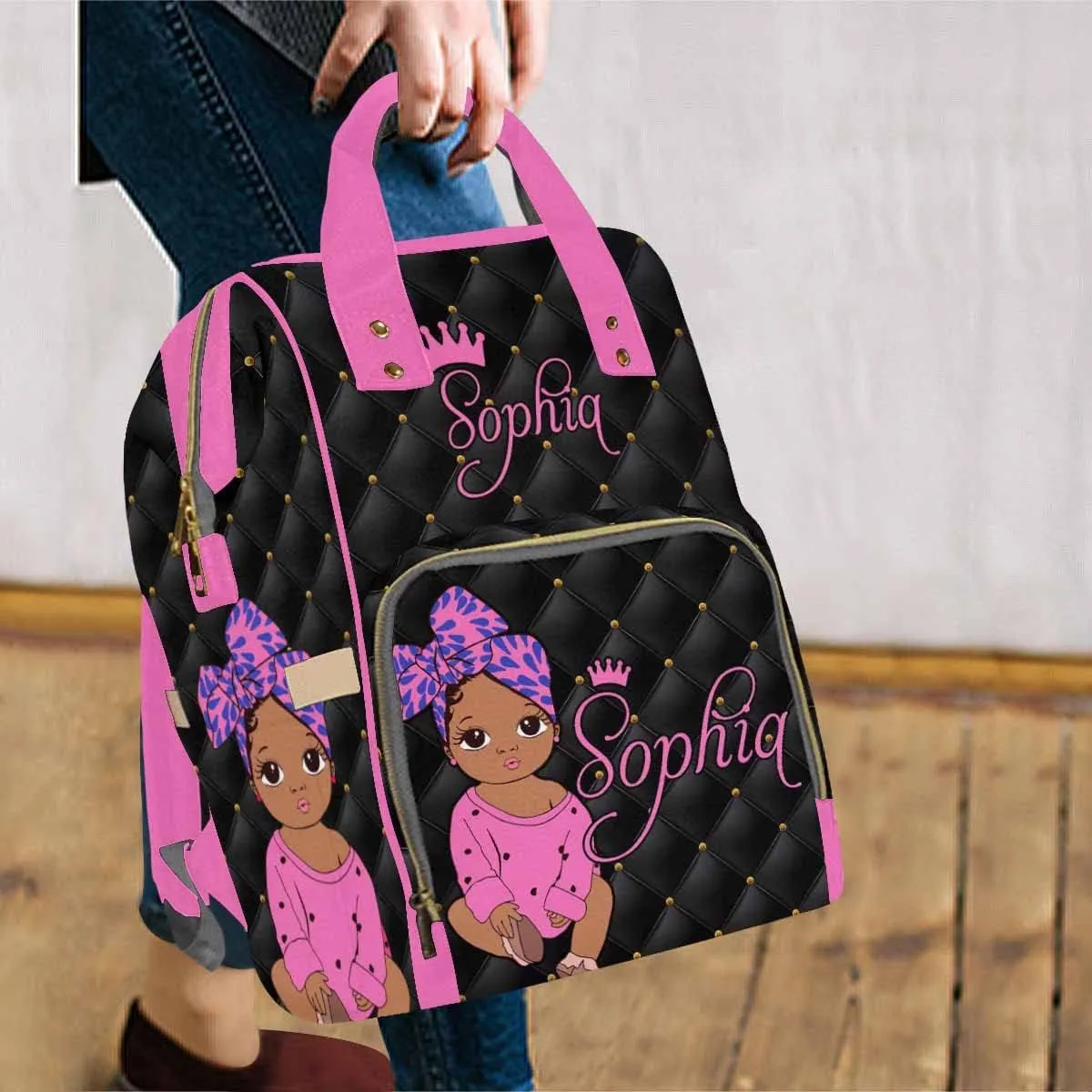 Artsadd Custom Name Diaper Bag Mommy Nappy Bags, Personalized Pink Crown Dots Handbags Large Capacity Multi-Function Nursing Bags for Outdoor Shopping Travel