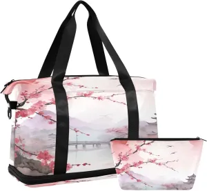 Asian Landscape Pink Gym Bag - Weekender Overnight Bags for Women Men, Sport Travel Duffel Bag with Wet Pocket & Shoe Compartment