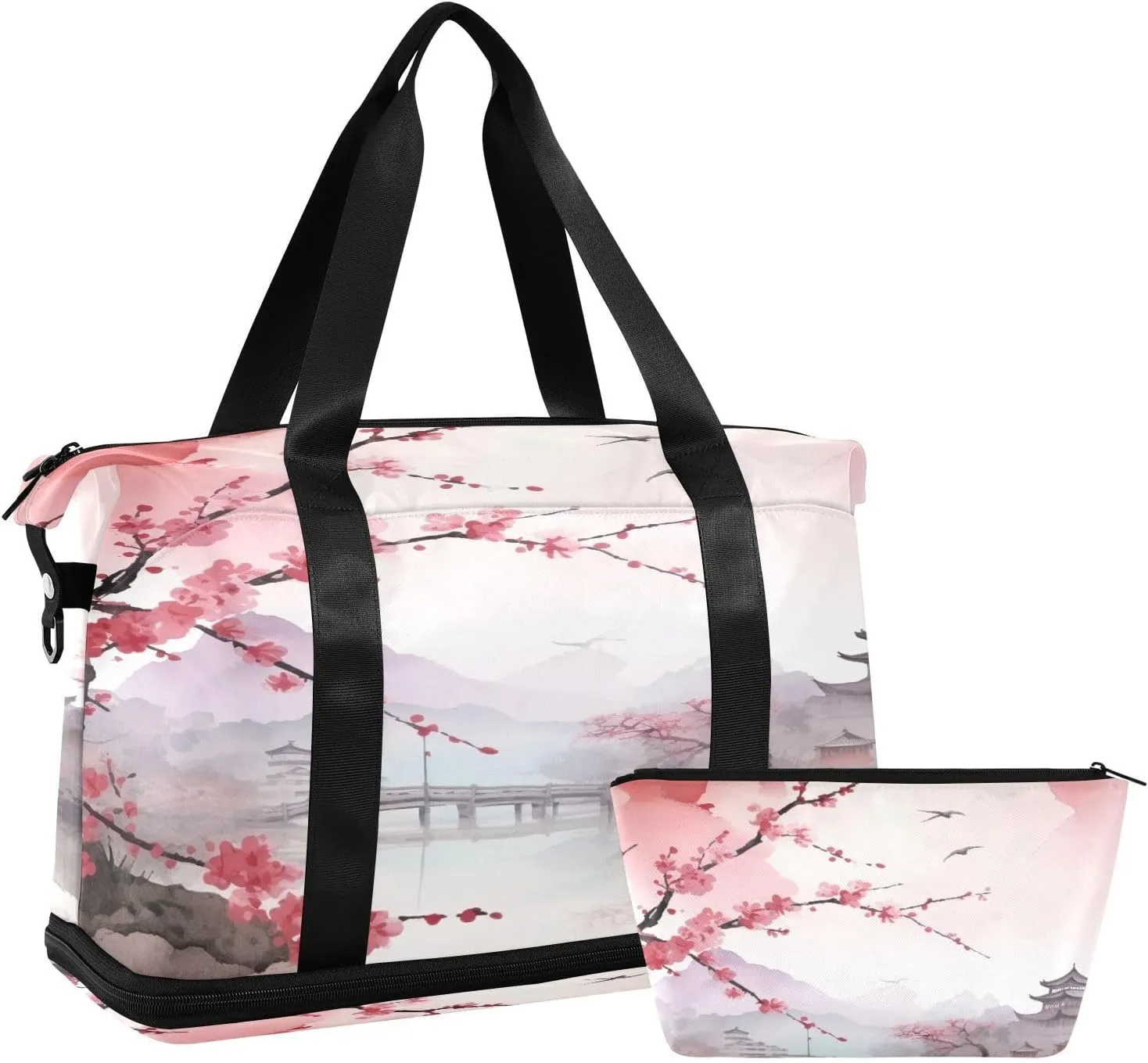 Asian Landscape Pink Gym Bag - Weekender Overnight Bags for Women Men, Sport Travel Duffel Bag with Wet Pocket & Shoe Compartment