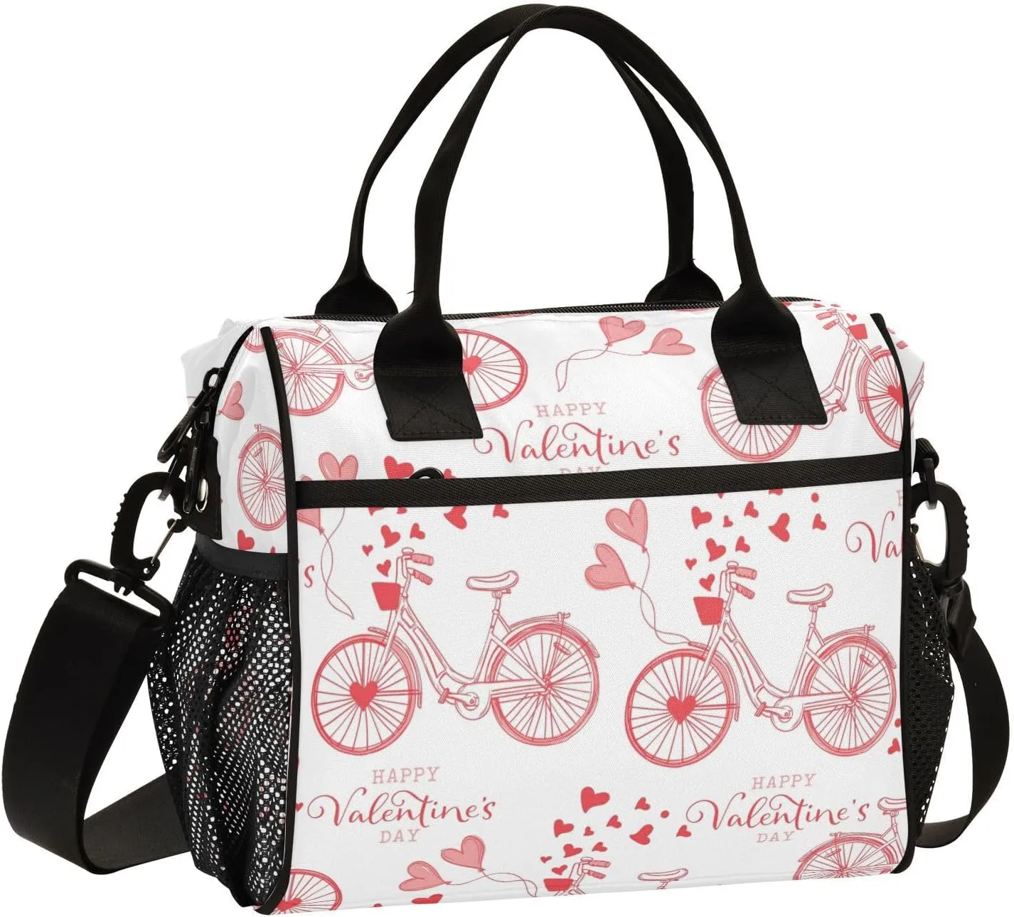 Aslsiy Lunch Bag for Women Bicycle and Hearth Balloons Insulated Lunch Box Happy Valentine's Day Lunch Tote Bag Gift for Women S