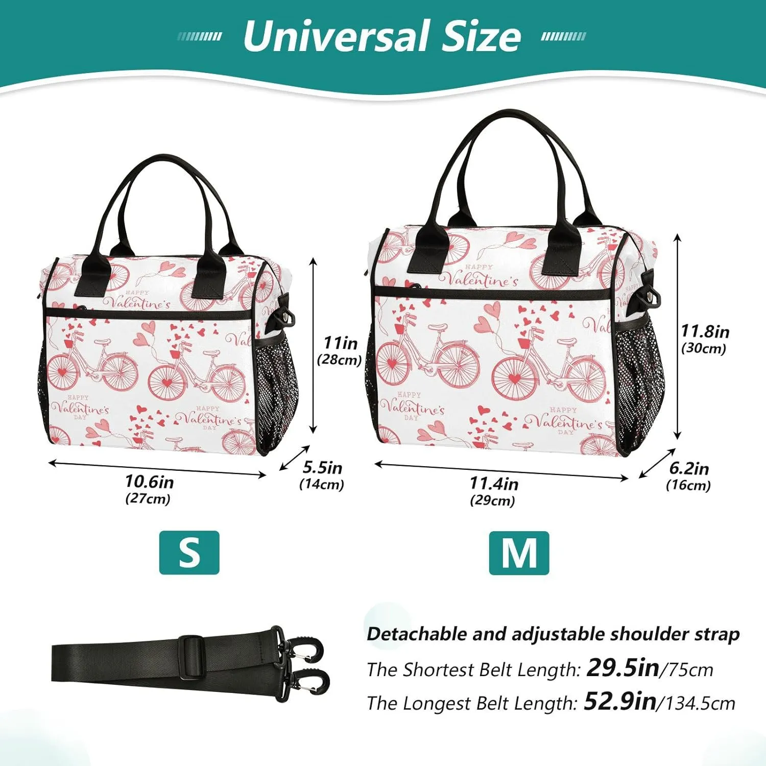 Aslsiy Lunch Bag for Women Bicycle and Hearth Balloons Insulated Lunch Box Happy Valentine's Day Lunch Tote Bag Gift for Women S