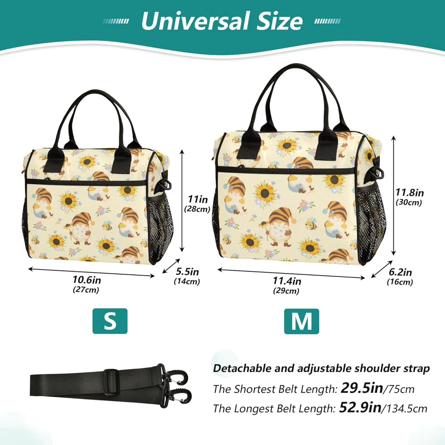 Aslsiy Lunch Bag for Women Sunflowers Honey Bees Gnomes Insulated Lunch Box Lunch Tote Bag Gift for Women S