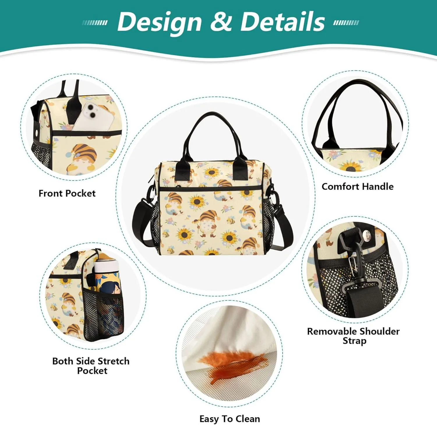 Aslsiy Lunch Bag for Women Sunflowers Honey Bees Gnomes Insulated Lunch Box Lunch Tote Bag Gift for Women S