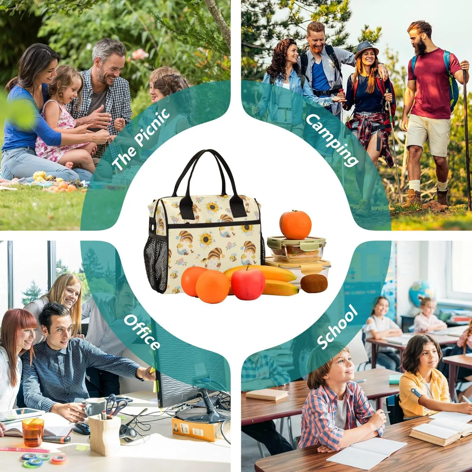 Aslsiy Lunch Bag for Women Sunflowers Honey Bees Gnomes Insulated Lunch Box Lunch Tote Bag Gift for Women S