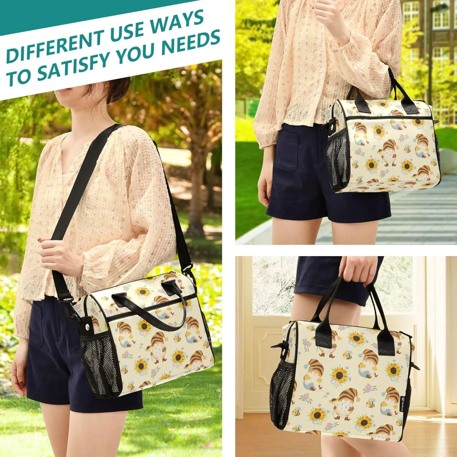 Aslsiy Lunch Bag for Women Sunflowers Honey Bees Gnomes Insulated Lunch Box Lunch Tote Bag Gift for Women S