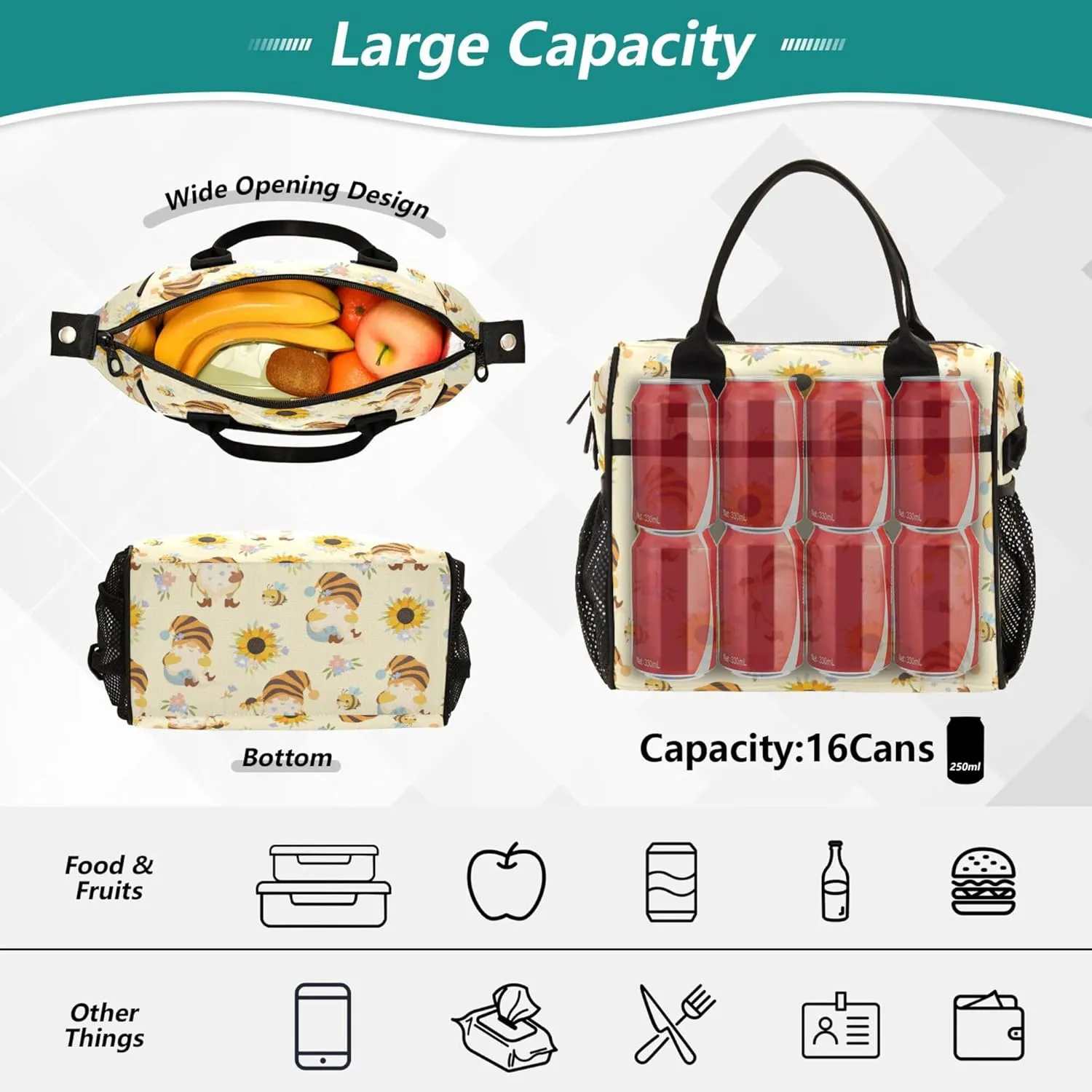 Aslsiy Lunch Bag for Women Sunflowers Honey Bees Gnomes Insulated Lunch Box Lunch Tote Bag Gift for Women S