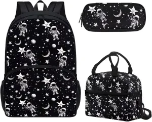 Astronauts and The Stars 3 Piece Backpack Set 17 Inch School Backpacks Girls Backpack with Lunch Bag and Pencil Case Kids 3 in 1 Bookbags School Bag Set