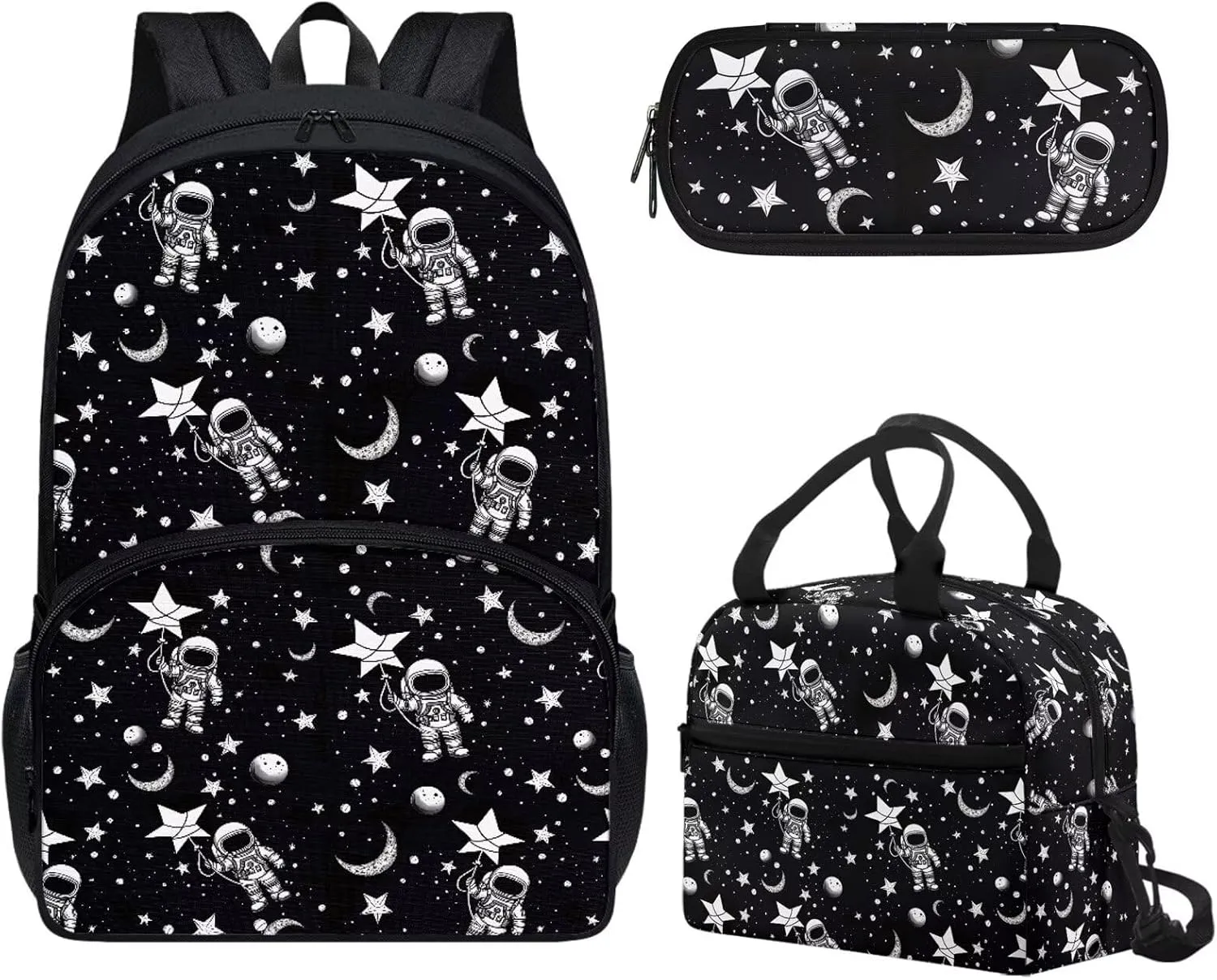 Astronauts and The Stars 3 Piece Backpack Set 17 Inch School Backpacks Girls Backpack with Lunch Bag and Pencil Case Kids 3 in 1 Bookbags School Bag Set