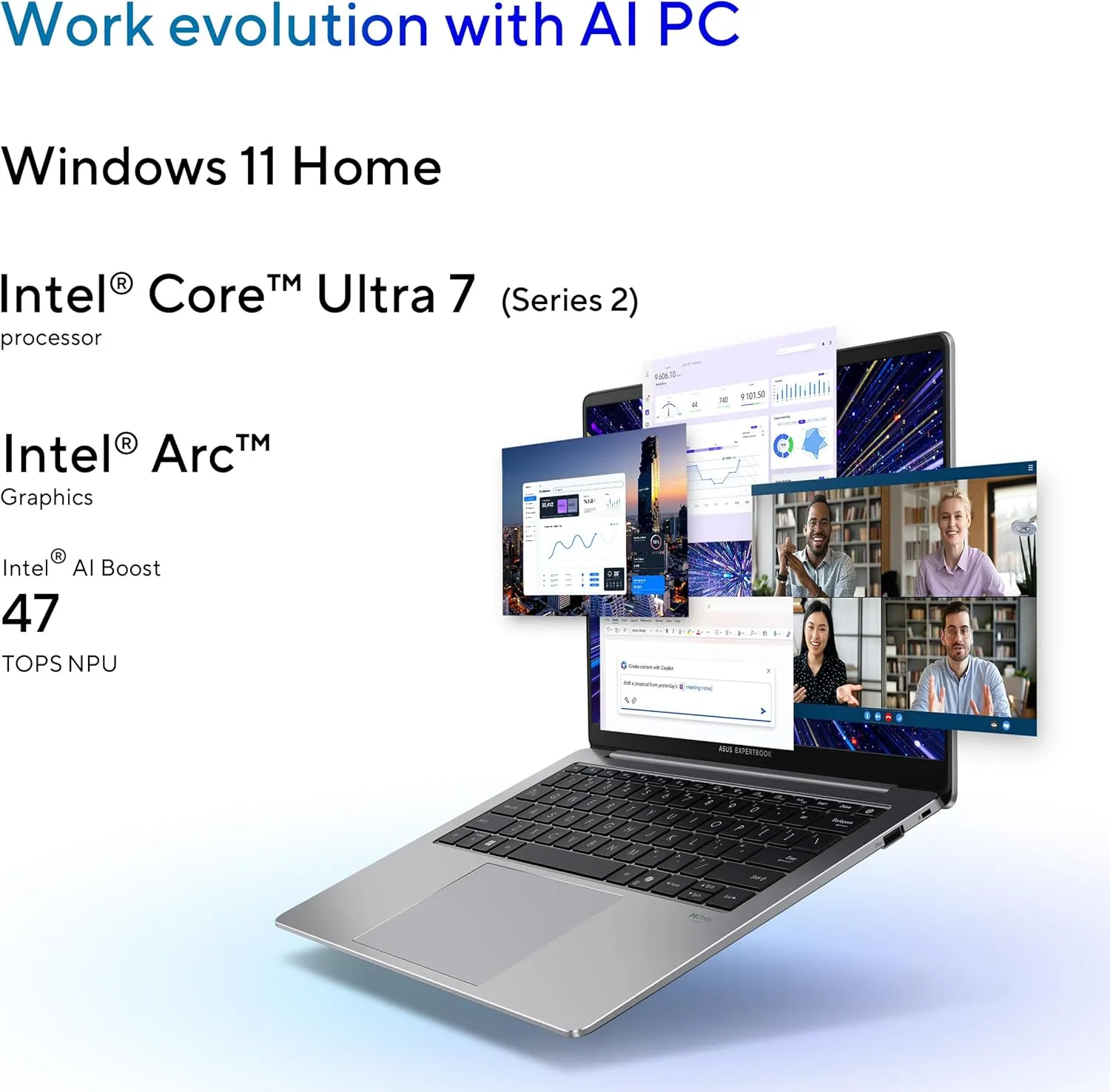 ASUS ExpertBook P5 Copilot  PC AI Laptop, Intel® Core™ 7 Processor 258V, 32GB RAM, 1TB SSD, WiFi 6E, Windows 11 Home, Misty Grey, P5405CSA-DH76