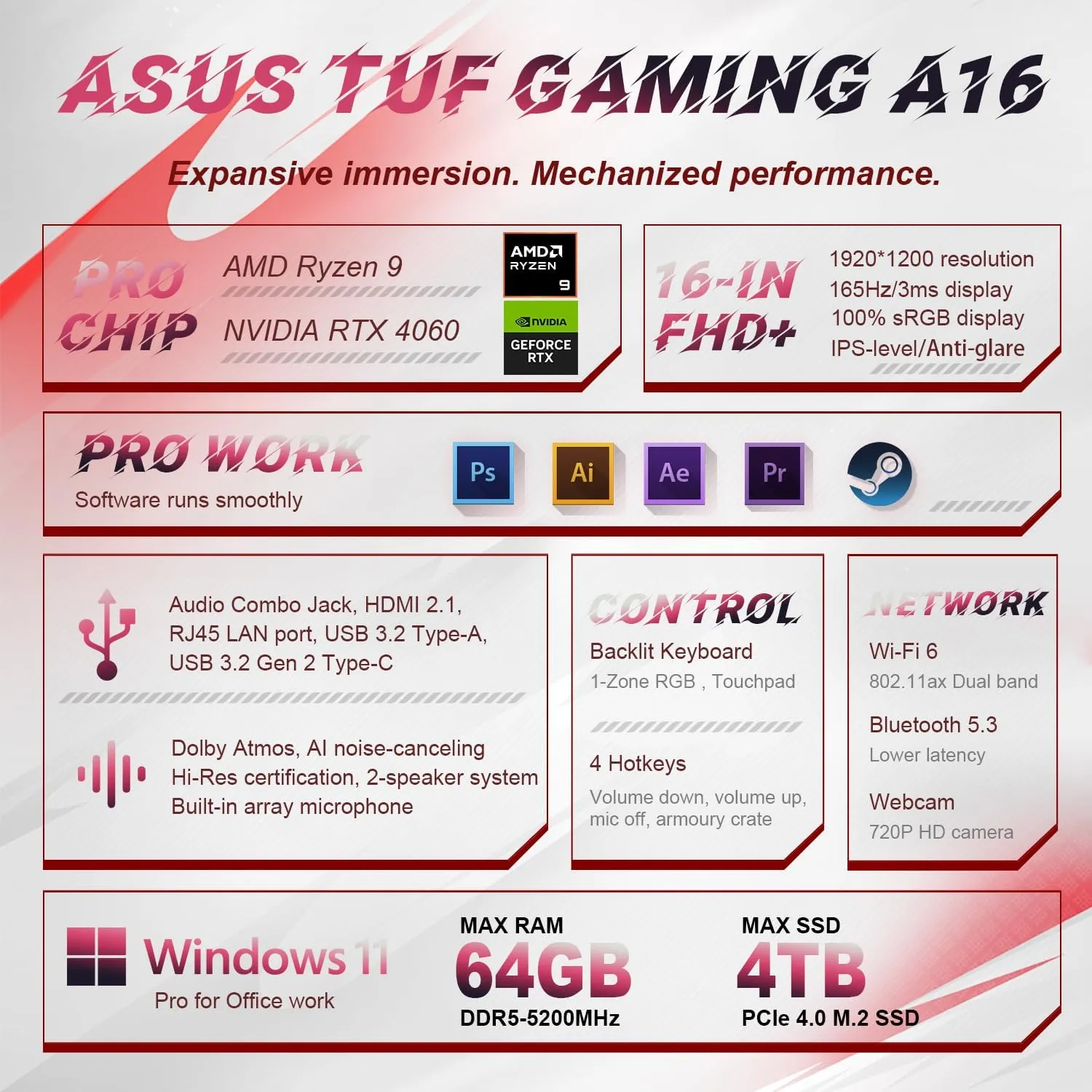ASUS TUF 16" AMD Ryzen 9 RTX 4060 Ultimate Gaming Laptop, 16" FHD 1920 x 1200 165Hz, NVIDIA RTX 4060, 64GB DDR5 RAM, 2TB SSD, Wi-Fi 6, RJ45, Windows 11 P, with Targus Universal Docking Station
