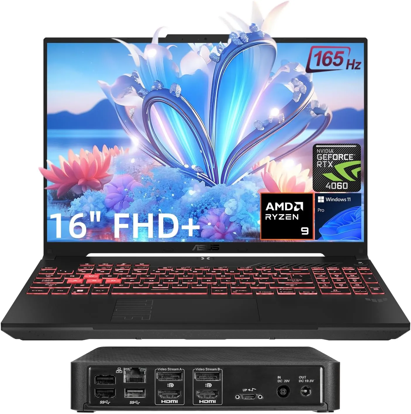 ASUS TUF 16" AMD Ryzen 9 RTX 4060 Ultimate Gaming Laptop, 16" FHD 1920 x 1200 165Hz, NVIDIA RTX 4060, 64GB DDR5 RAM, 2TB SSD, Wi-Fi 6, RJ45, Windows 11 P, with Targus Universal Docking Station