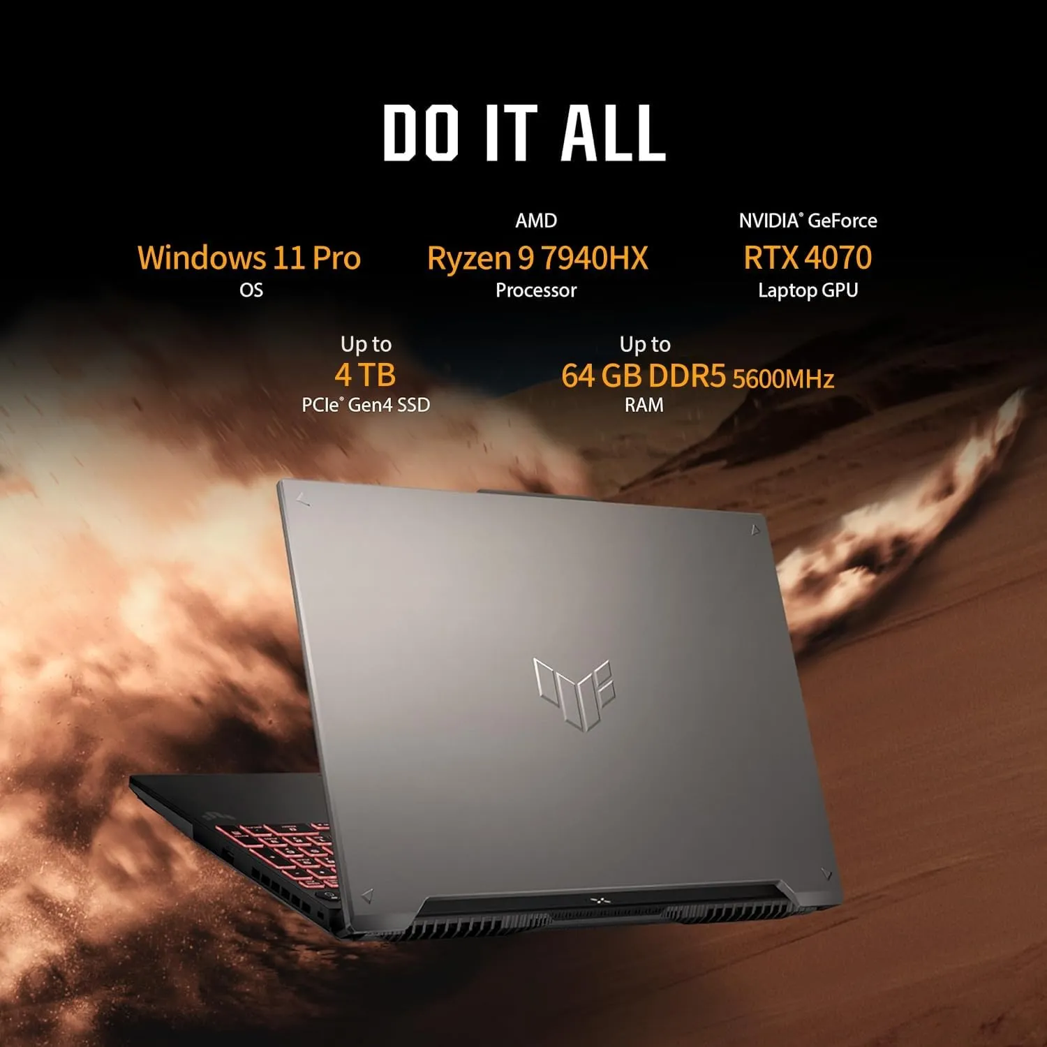 ASUS TUF A16 Gaming Laptop, NVIDIA RTX 4070, AMD Ryzen 9 7940HX(Up to 5.2GHz, Beat i9), 16" 2.5K QHD  165Hz, 64 GB DDR5, 4 TB SSD, Windows 11 Pro, Office Pro, FA607PI-AS94